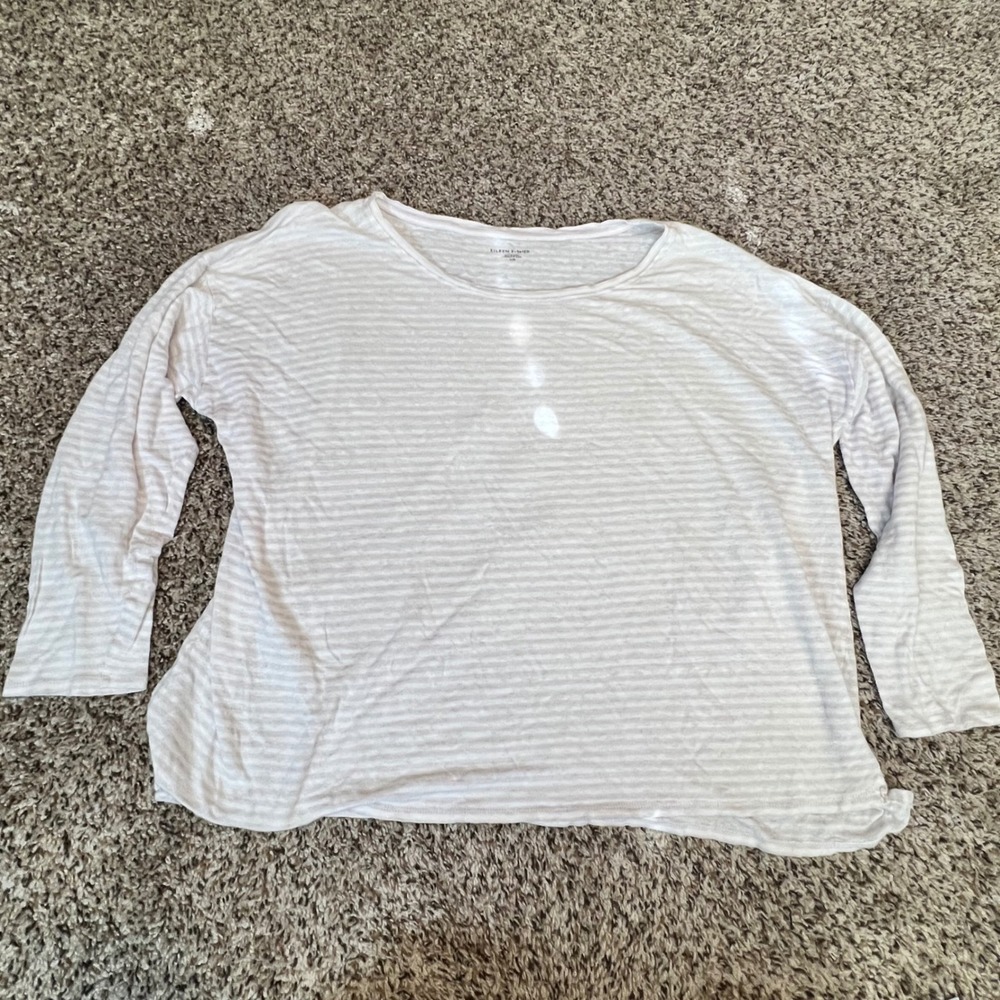 Eileen Fisher Striped Long Sleeve Scoop Neck Boxy Knit Top White Grey Large